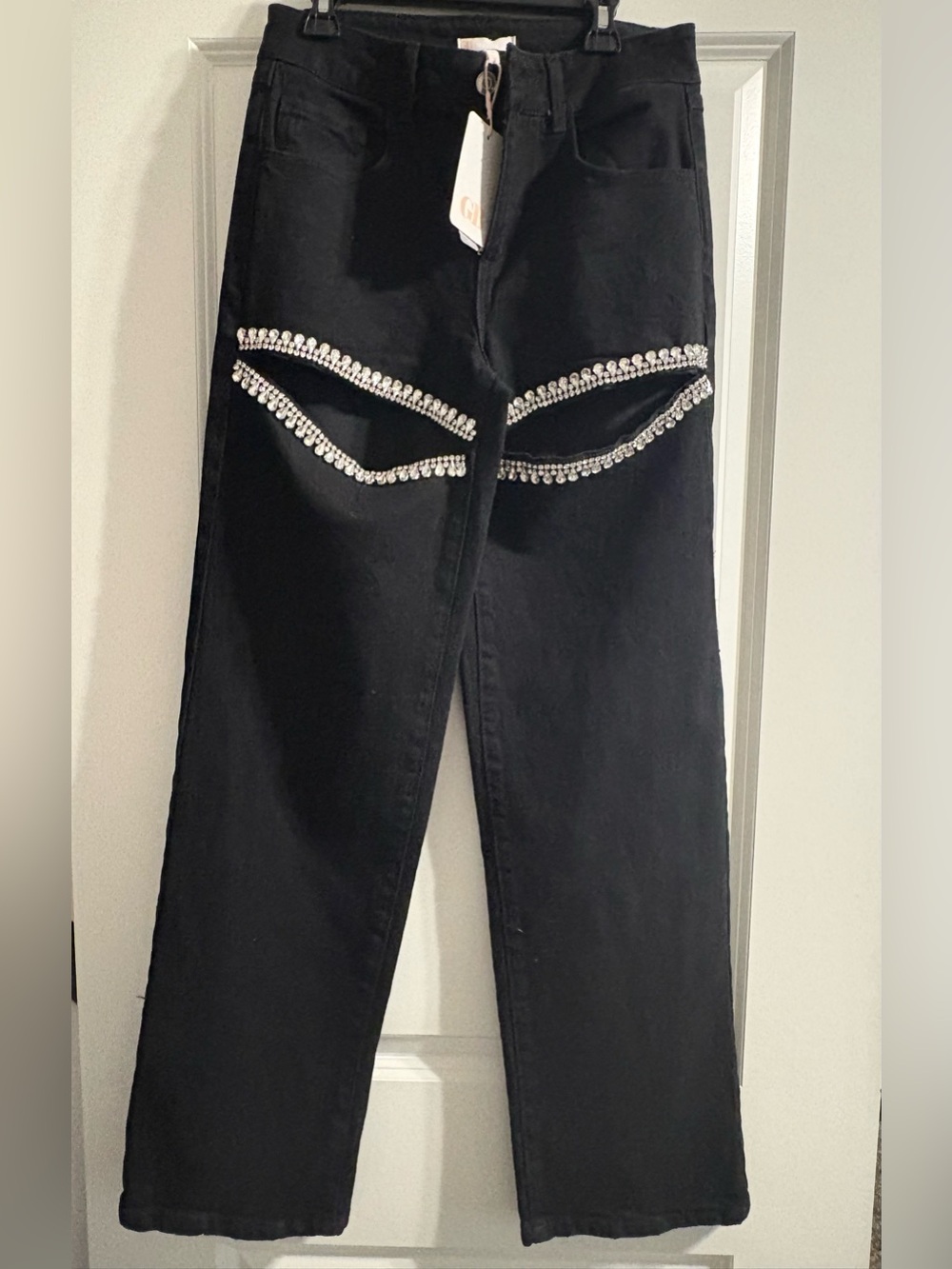 Gianni Bini Black Straight Leg Jeans with Rhinestone Trim